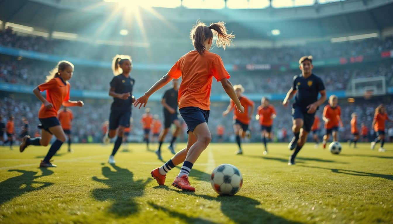 A diverse group of young athletes passionately competing in soccer, basketball, and American football on a busy sports field.