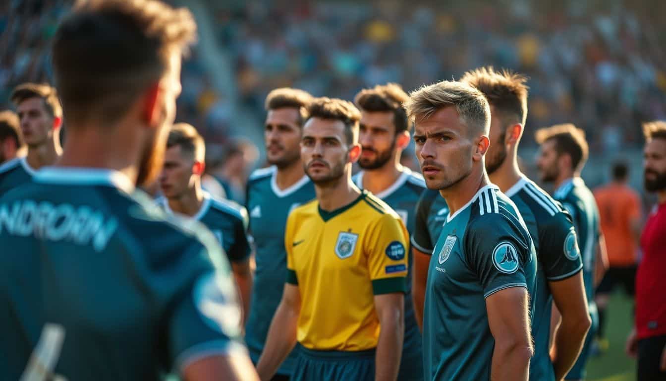 A group of male football players await the referee's decision.