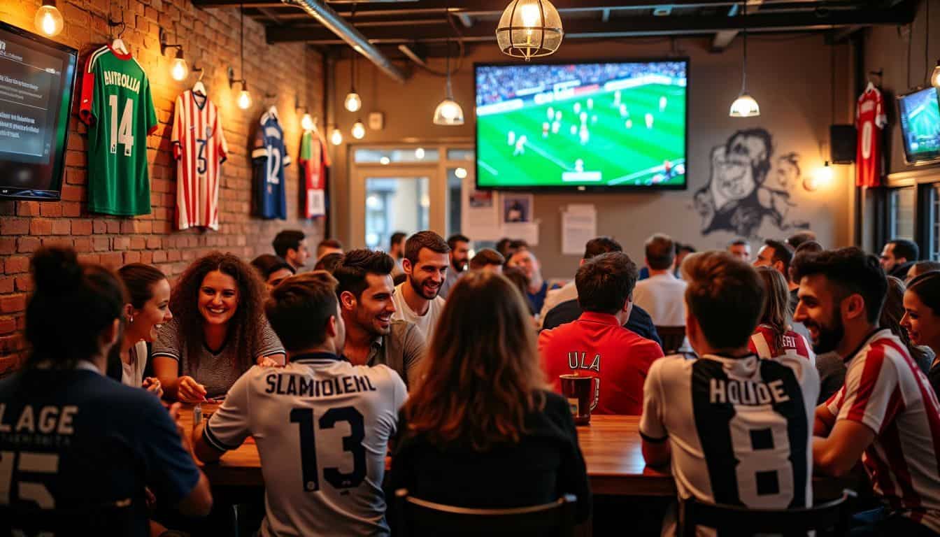 A lively Italian sports bar filled with Serie A jerseys and passionate fans cheering for their favorite teams.