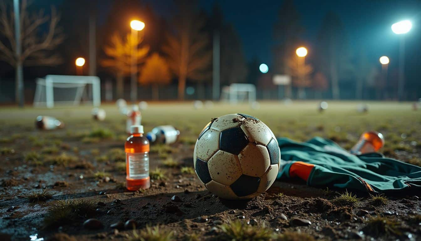 A worn soccer ball sits on a muddy field surrounded by debris.