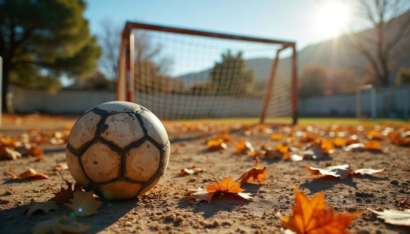 A weathered soccer ball on a dusty field captures grassroots football.