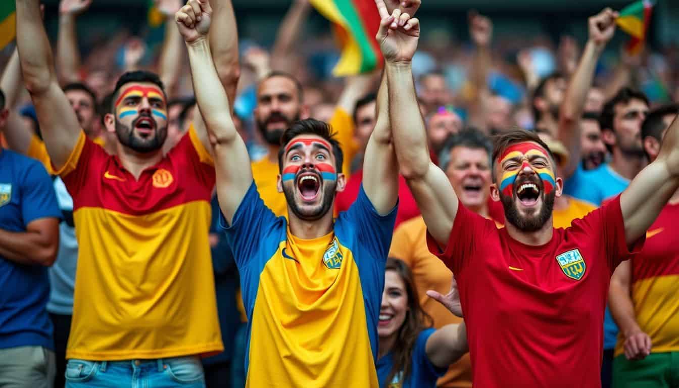 A group of enthusiastic football fans cheering in a crowded stadium.