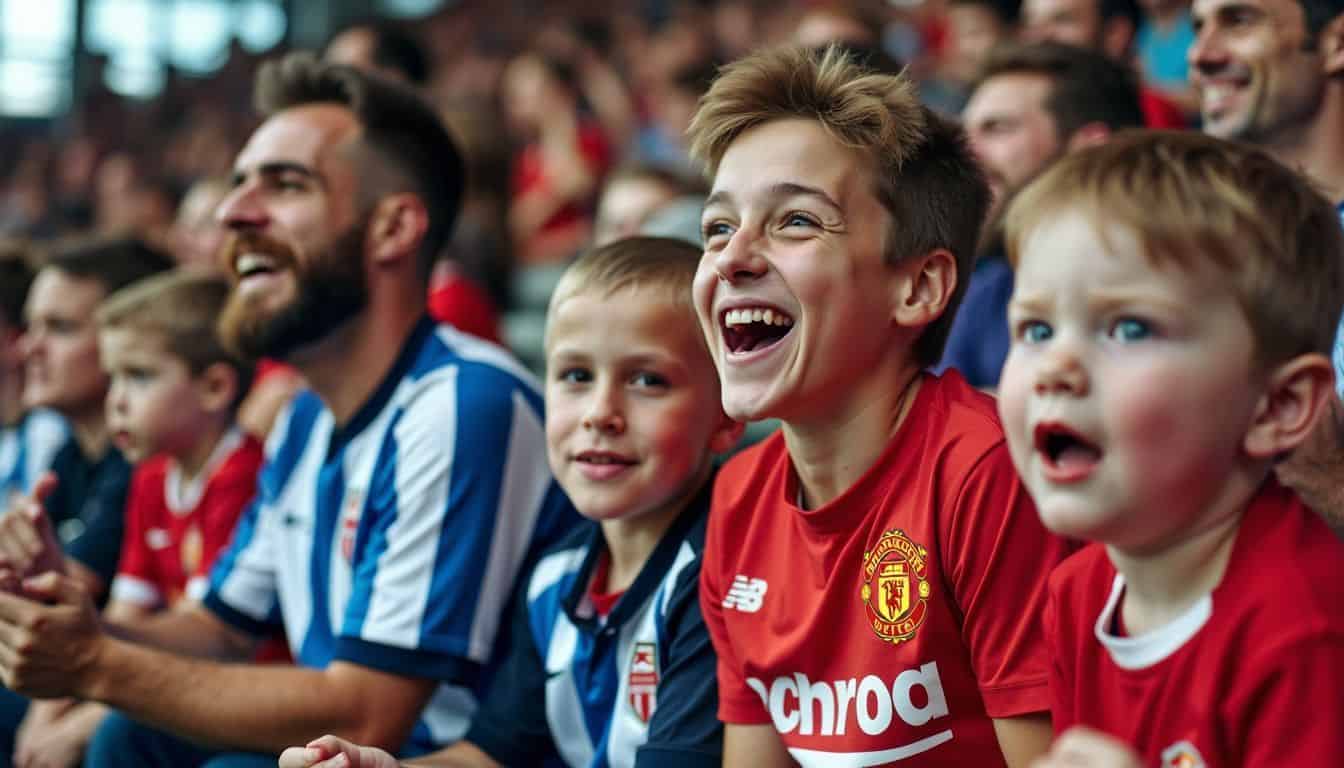 Diverse football fans in stadium, cheering for English Premier League teams.