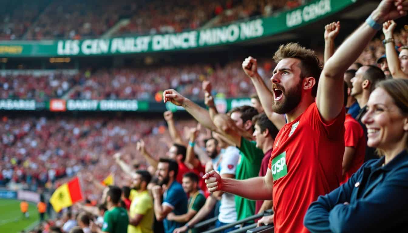 A crowded European football stadium filled with enthusiastic fans.