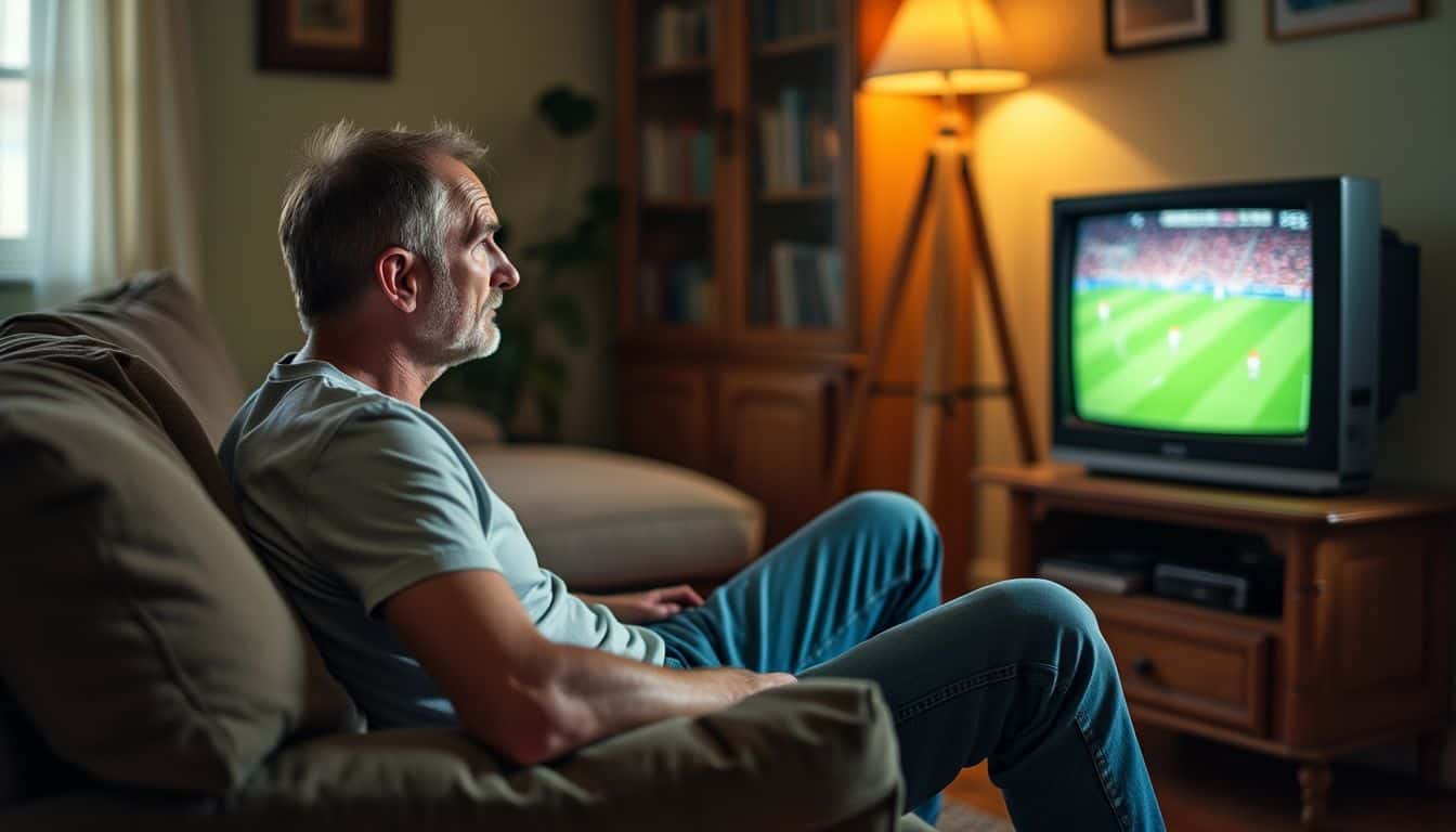 A man watches a European football match on a worn sofa.