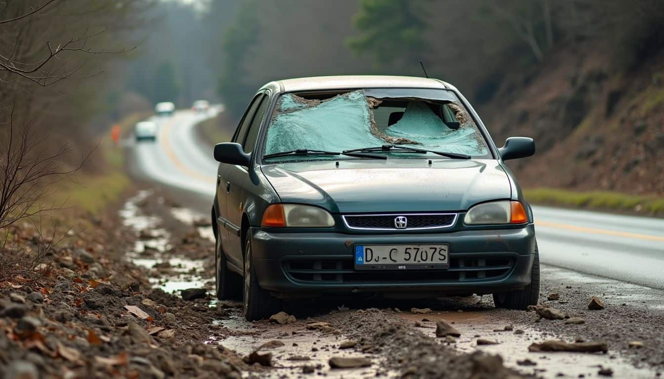 An abandoned car with deployed airbags and a cracked windshield.