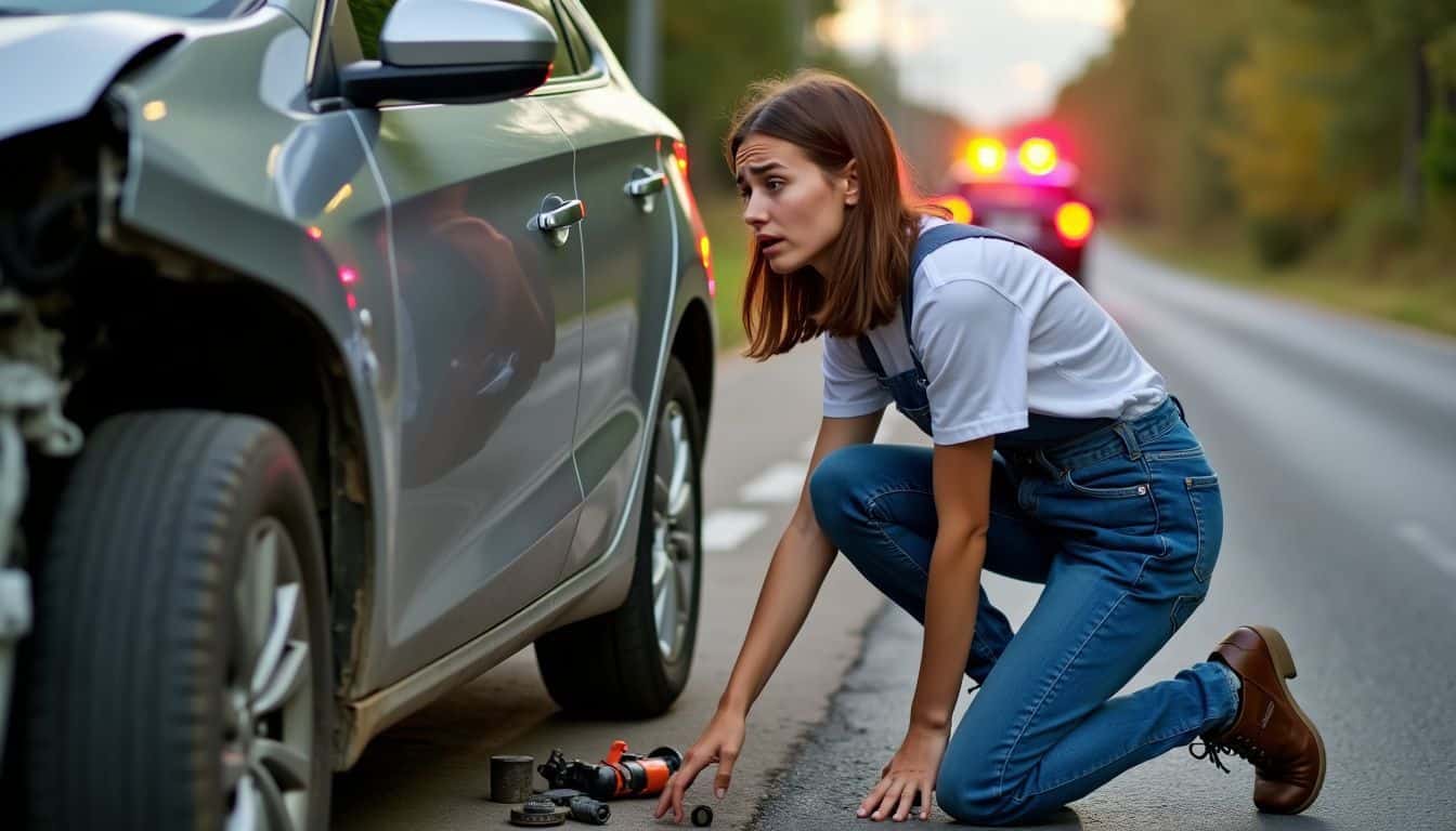 A young woman assisting a car accident victim on the road.