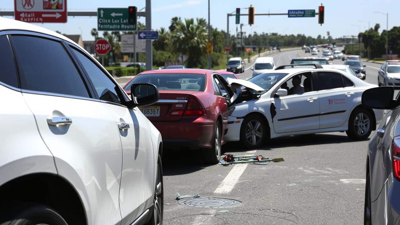 A car accident scene with multiple damaged vehicles and relevant road signs.