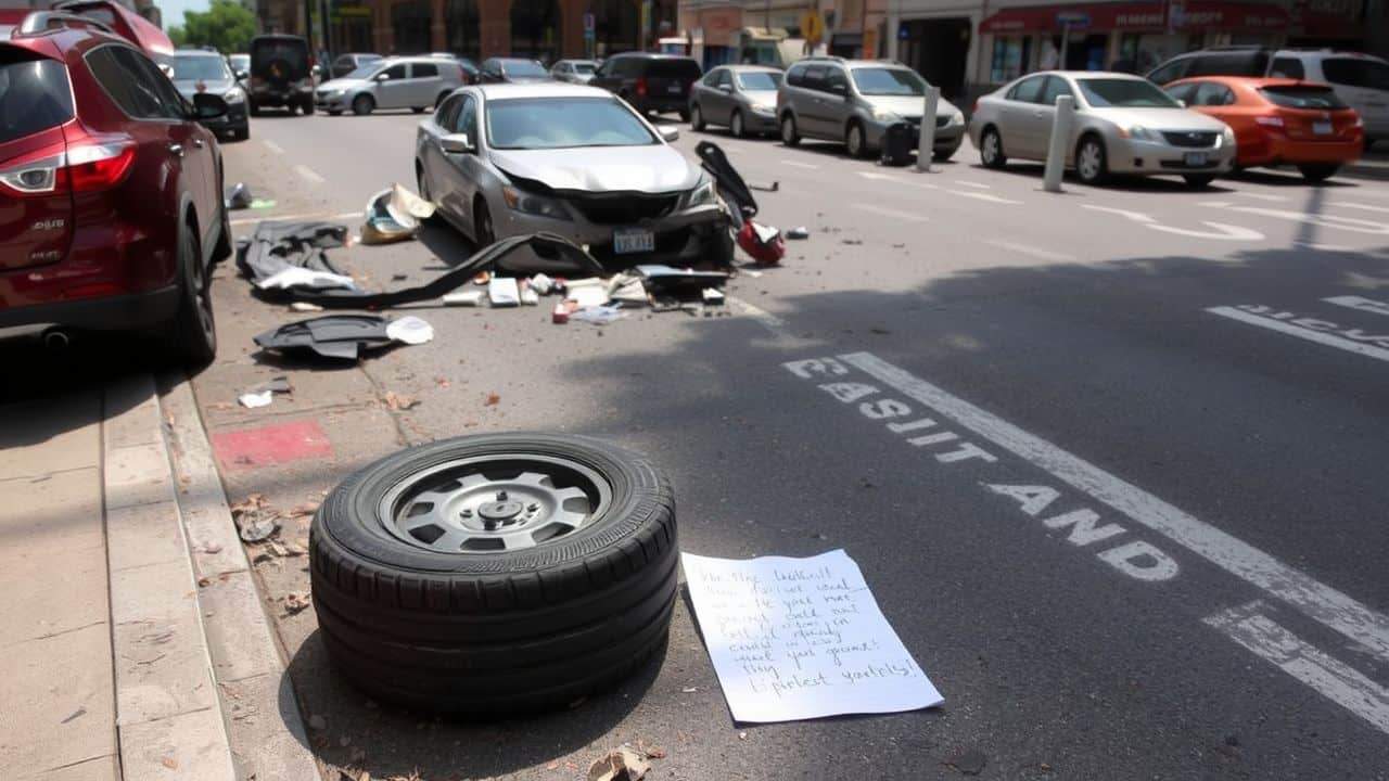 Aftermath of a car accident on a busy city street.