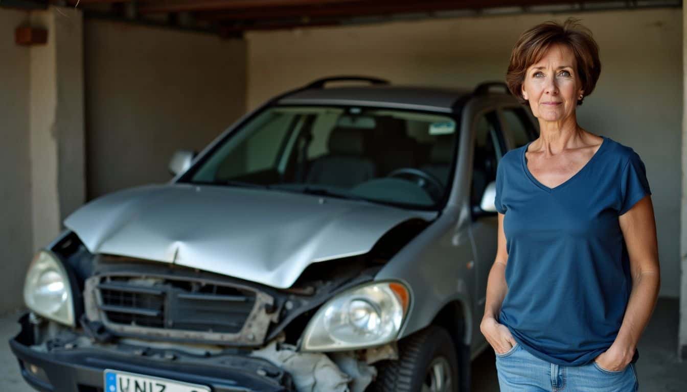 A concerned person standing next to a damaged car in a garage.