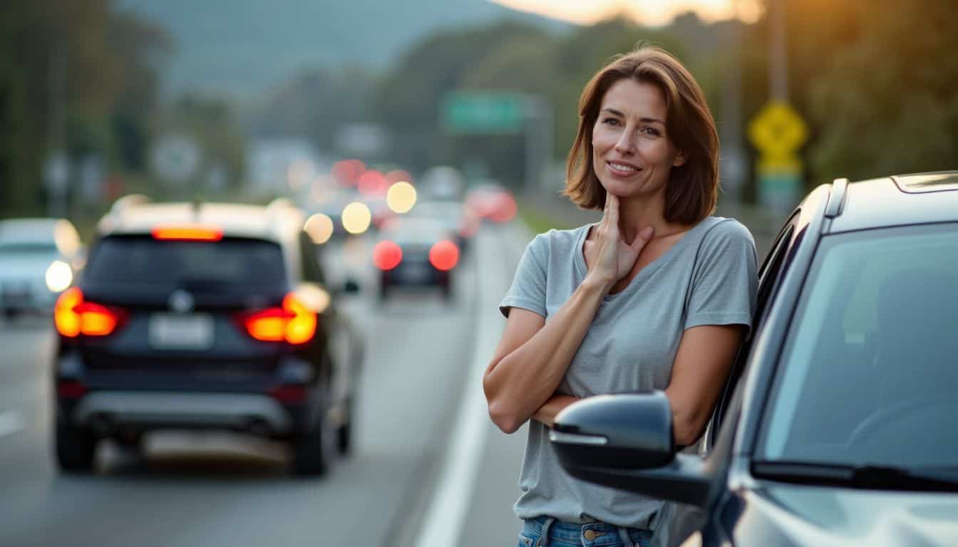 A woman stands by her car on a highway after a close call.