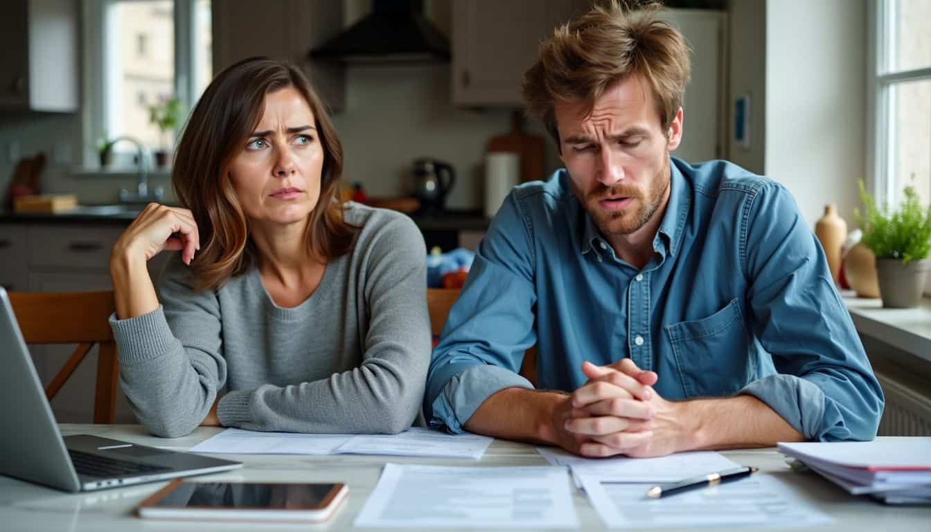 A stressed couple deals with legal paperwork after a car accident.