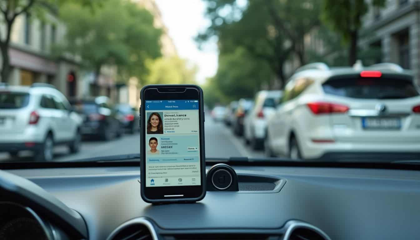 A smartphone displaying a driver's license, insurance card, and license plate.