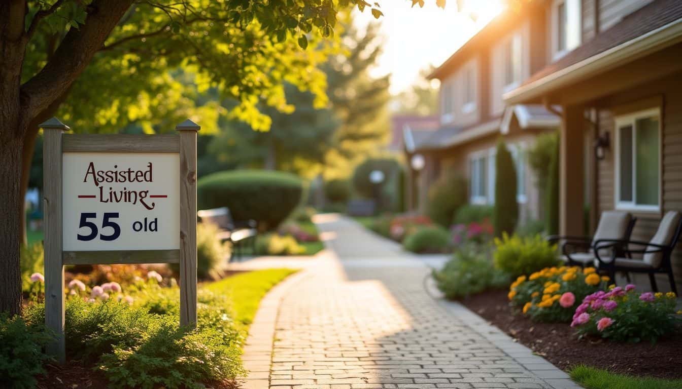 The photo shows the entrance to an assisted living community for ages 55 and older, with a welcoming environment.