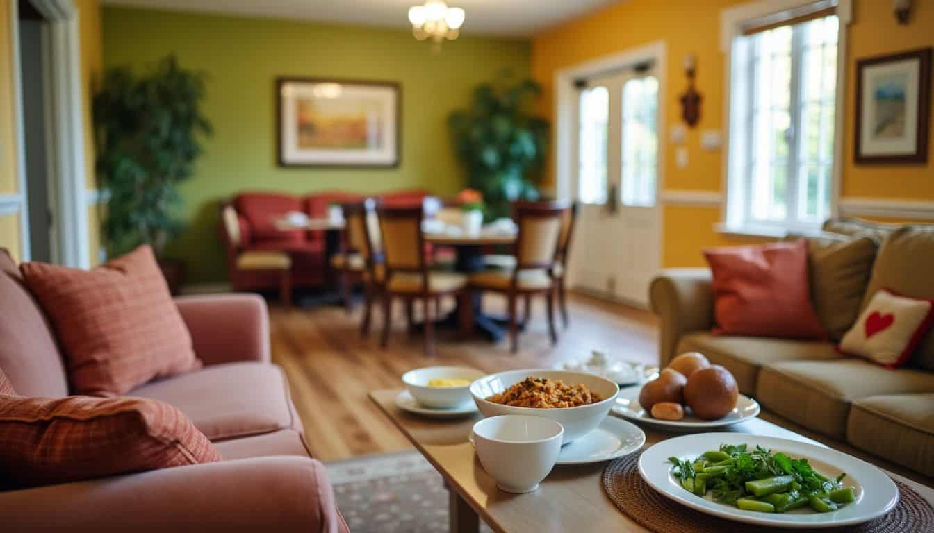 A comfortable living room in an assisted living facility with prepared meals.