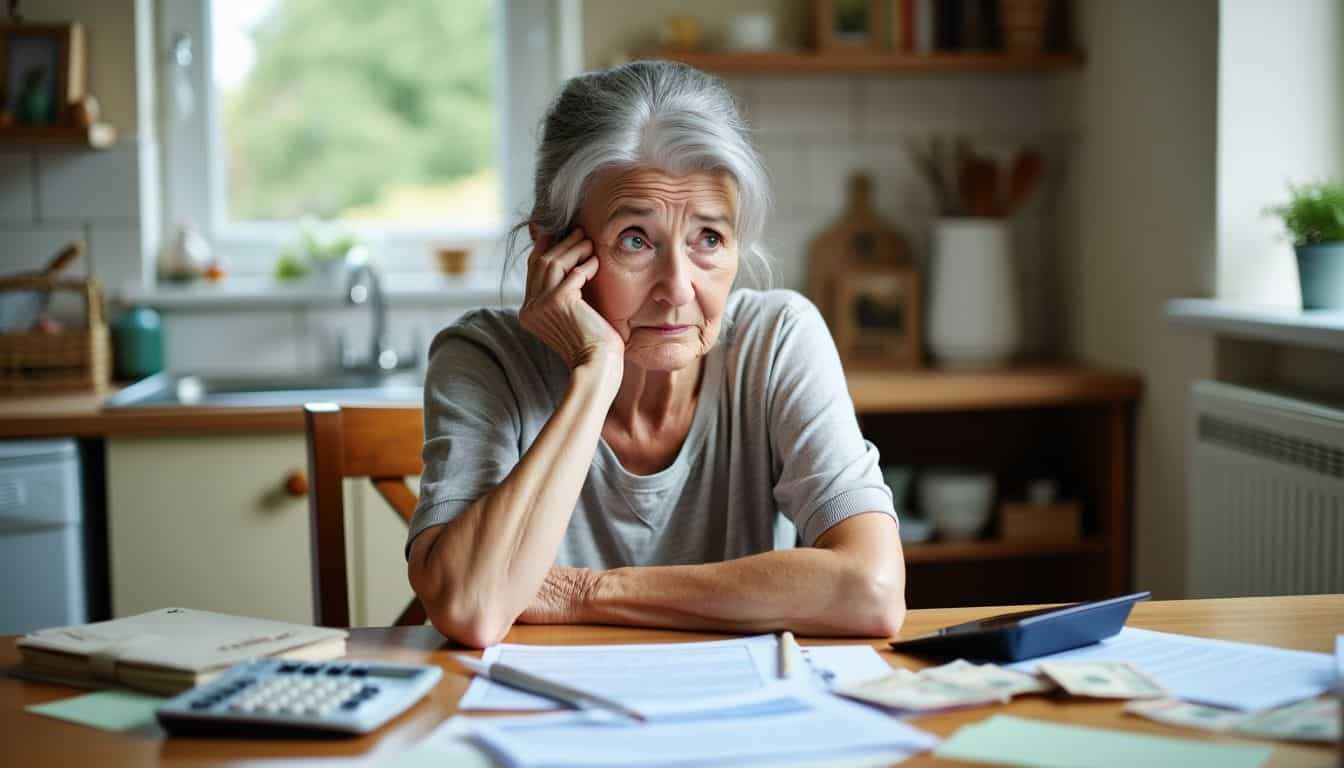 An elderly woman sits at a cluttered kitchen table, worried about assisted living.