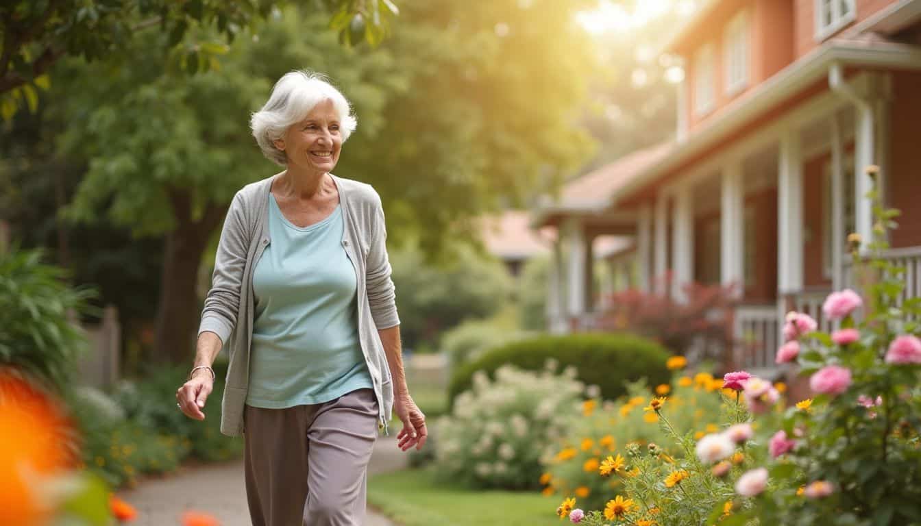 An elderly woman takes a peaceful morning walk in an assisted living garden.