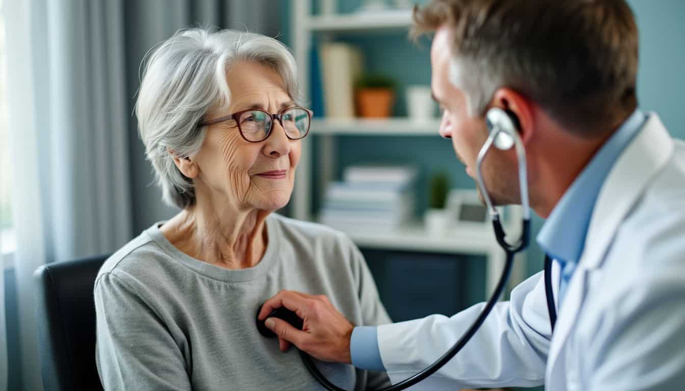 An elderly woman having a doctor's check-up with a healthcare professional.