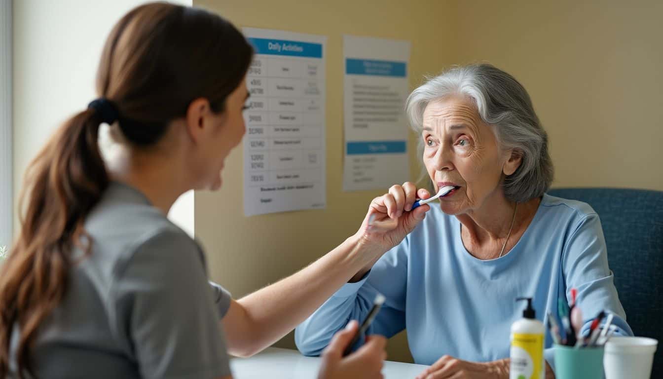 An elderly woman in an assisted living facility is assisted with brushing her teeth by a caregiver.