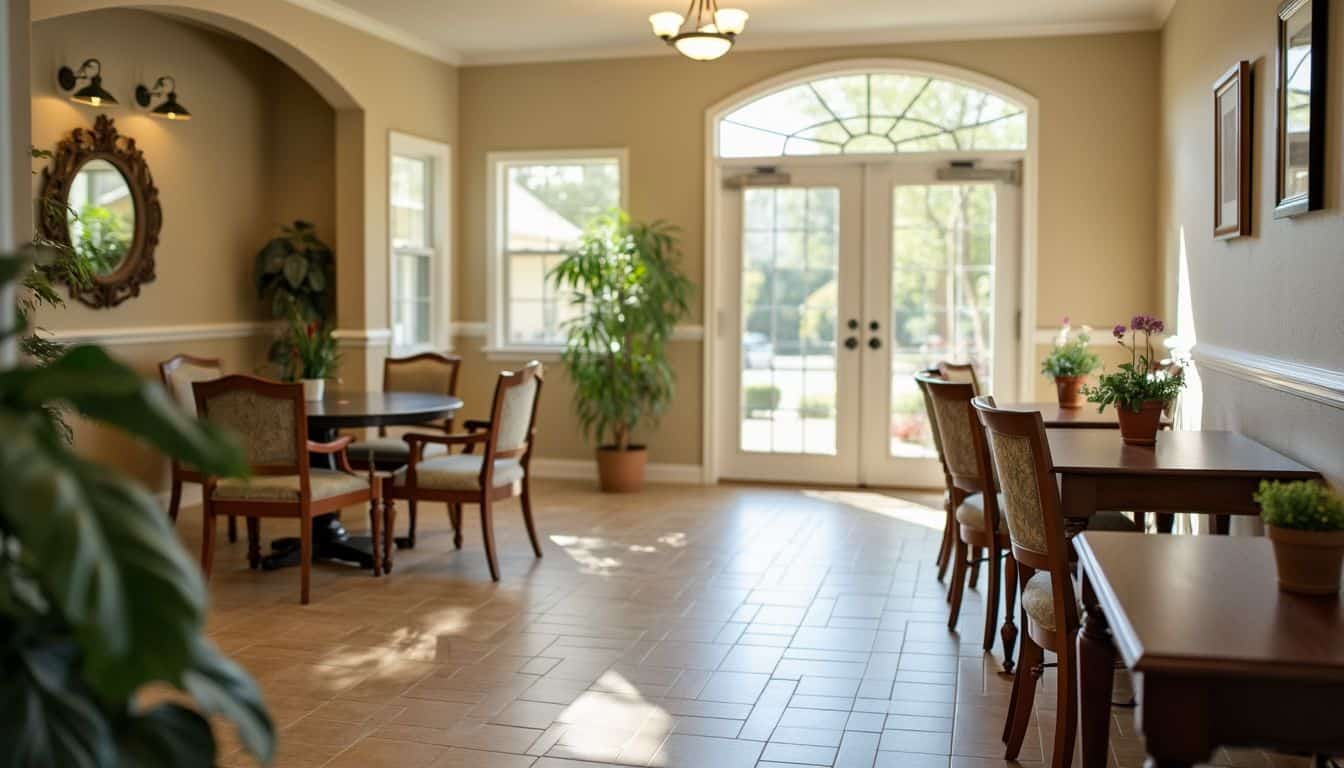 The image showcases different care service areas in an assisted living facility.