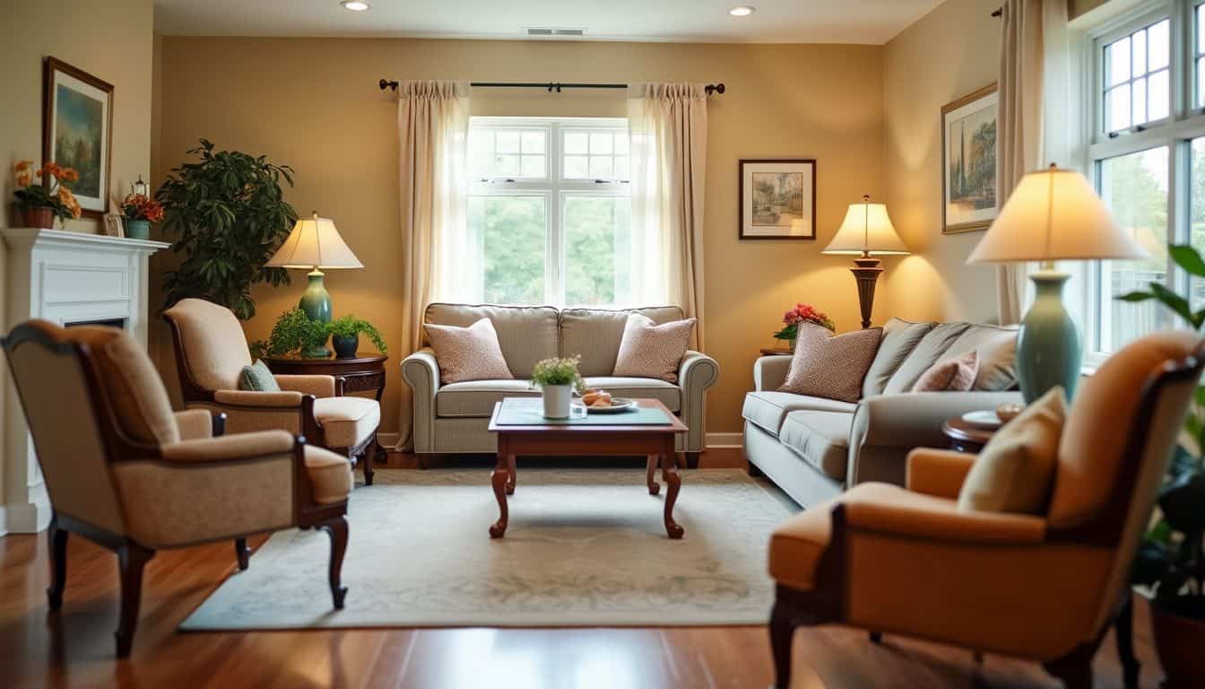 A cozy living room in an assisted living facility for older adults.