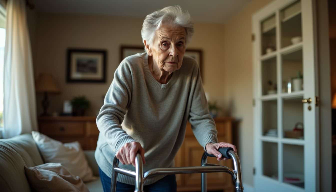 An elderly woman in her 80s using a walker in her living room.