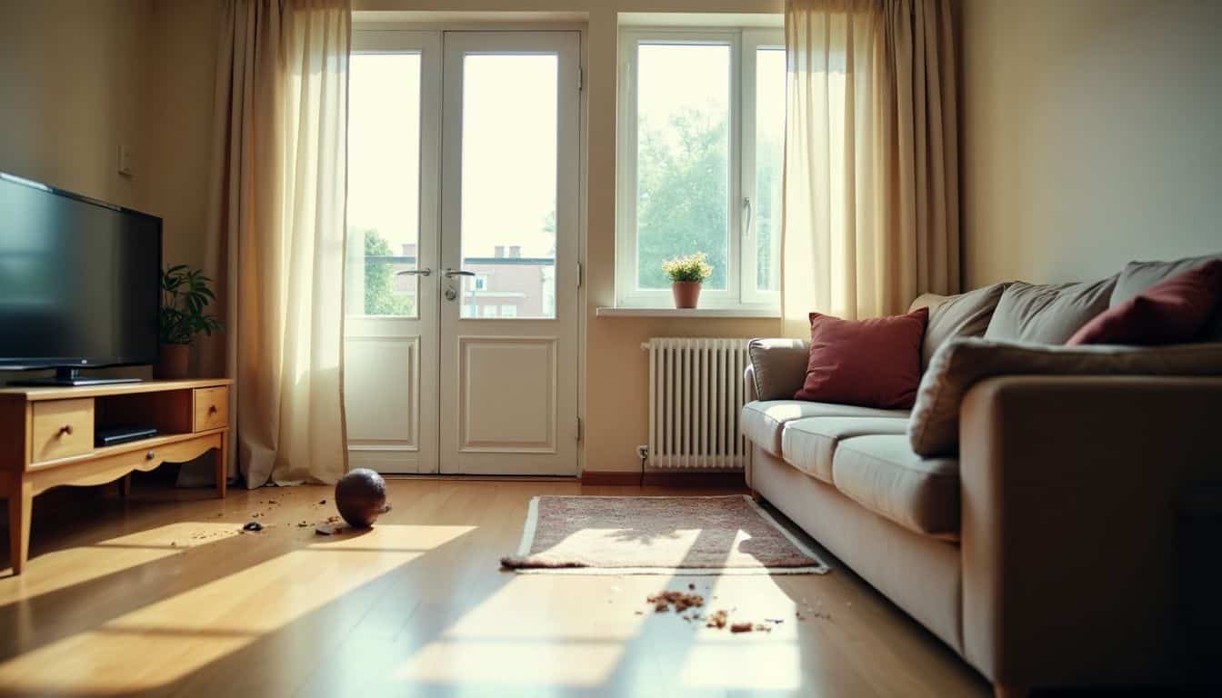 Disheveled living room with broken vase and partially closed door.