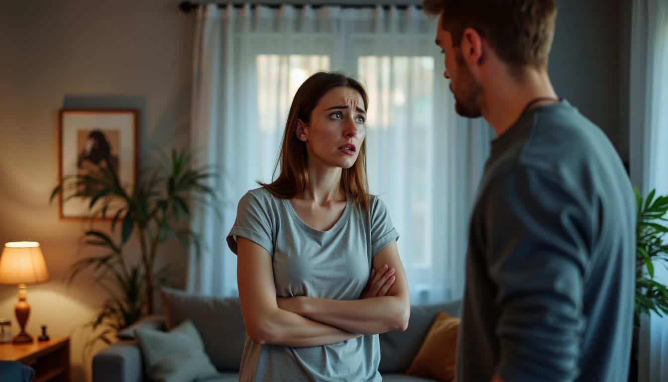 A couple in their 30s having a heated argument in a living room.