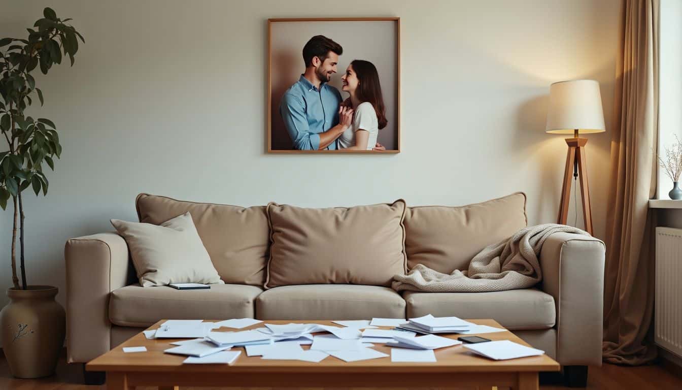 A casual living room with a couple's photo, cluttered coffee table, and cracked vase.