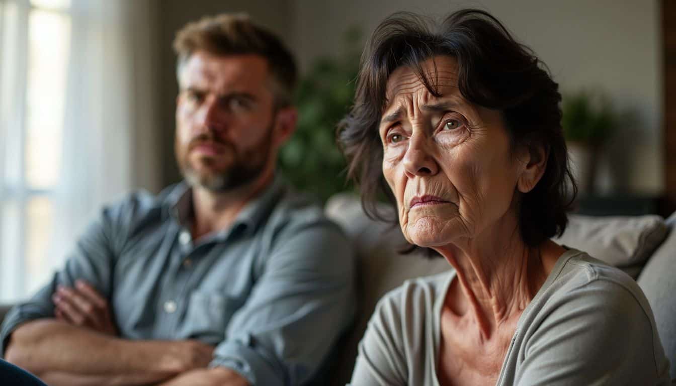 A middle-aged couple sits on a couch looking worried and tense.