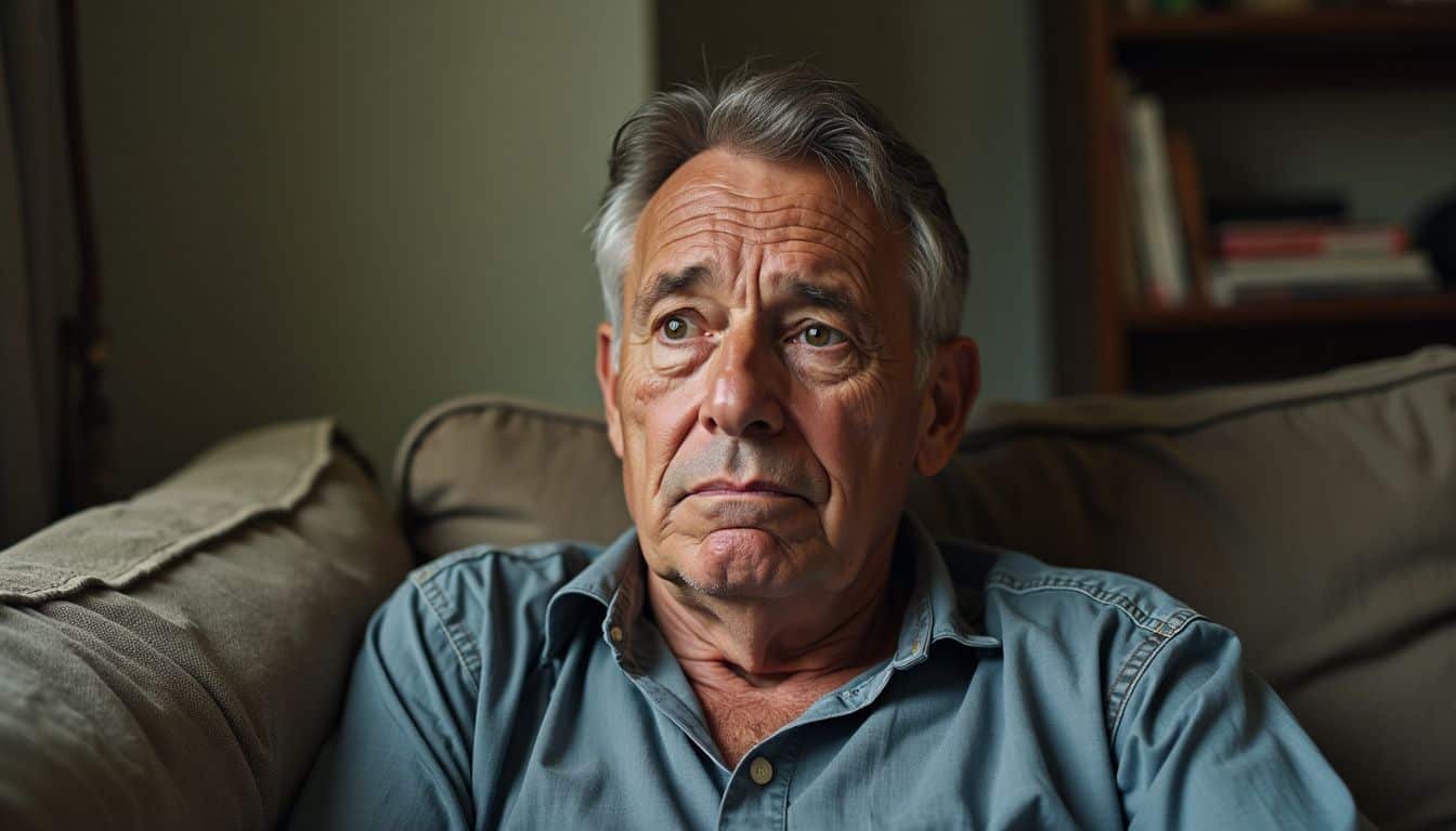 A middle-aged man sitting on a worn couch looking emotionally troubled.