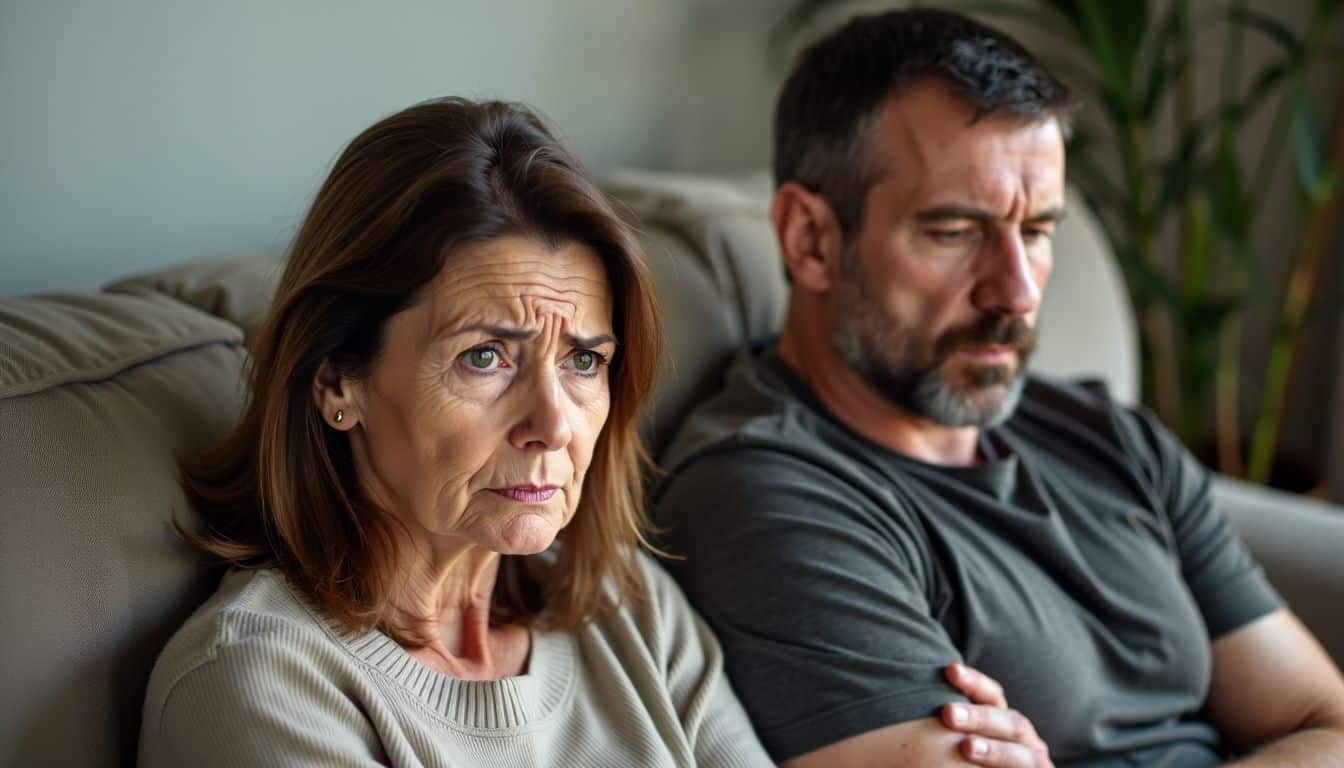 A worried woman and tense man sit on a couch.