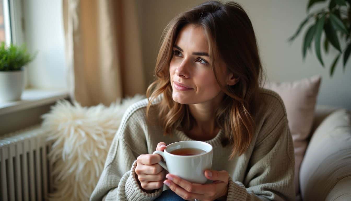 A woman reflects on self-care and safety while holding tea.