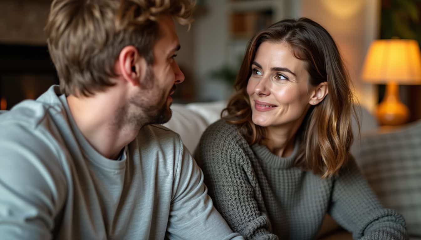 A couple in their thirties engaged in a thoughtful conversation in a cozy living room.