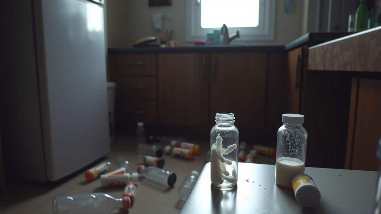 A messy kitchen with scattered bottles and drug paraphernalia.