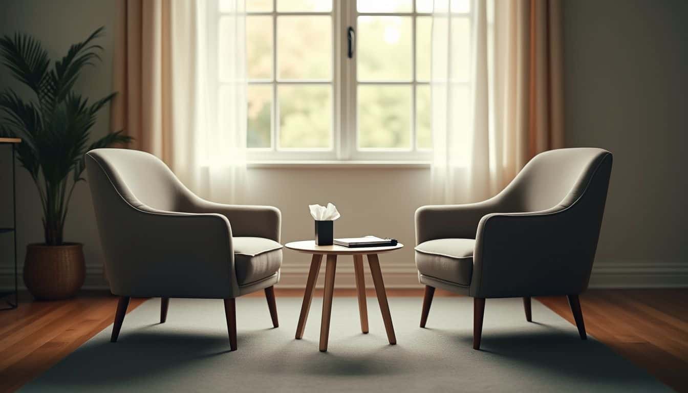 An empty counseling office with two chairs and a table.