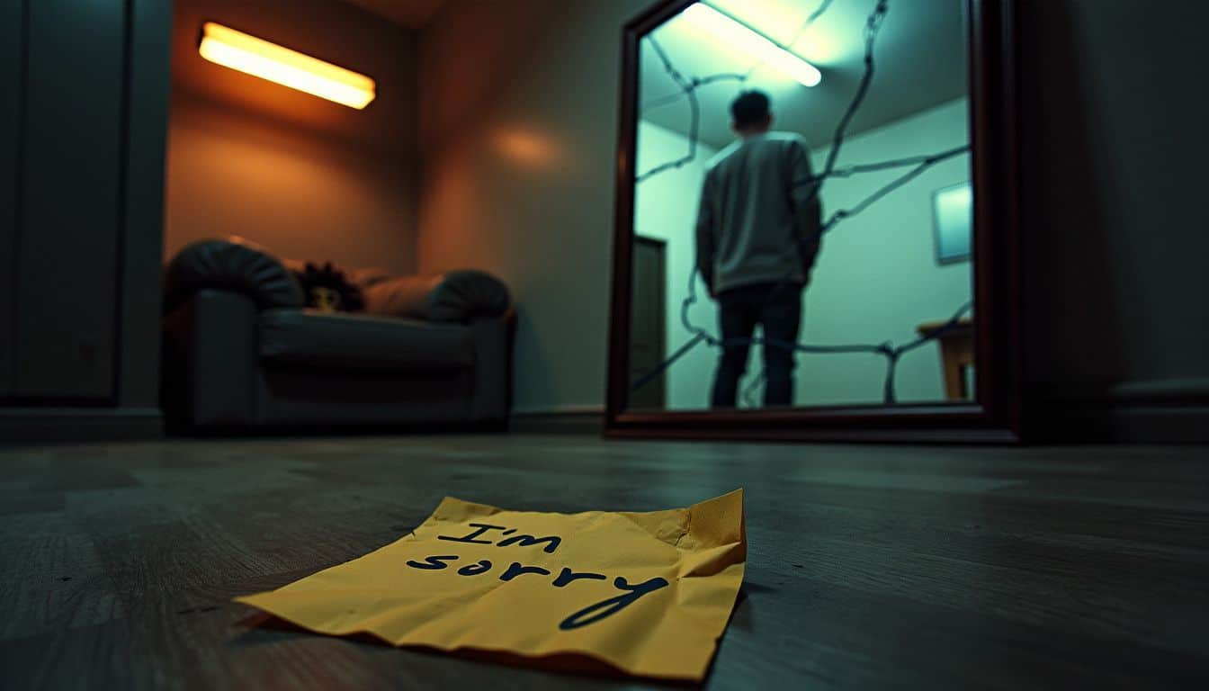 A dimly lit room with a cracked mirror, a shadowy figure, and a handwritten note saying 'I'm sorry.'