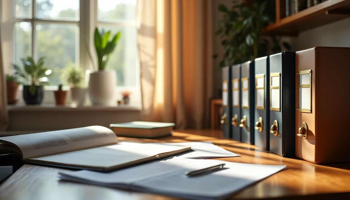 A tidy home office with legal documents, family photo album, and organized file cabinet.