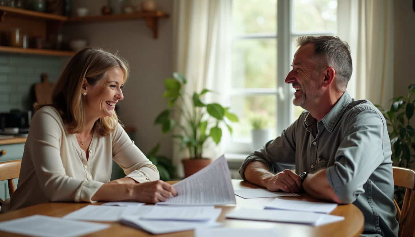 A middle-aged couple discusses estate planning at a cozy kitchen table.