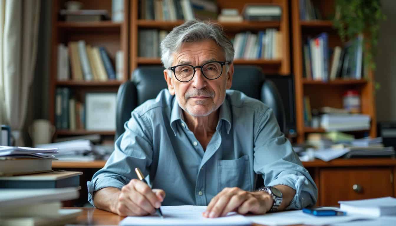 A middle-aged person reviews legal documents at a cluttered home office desk.