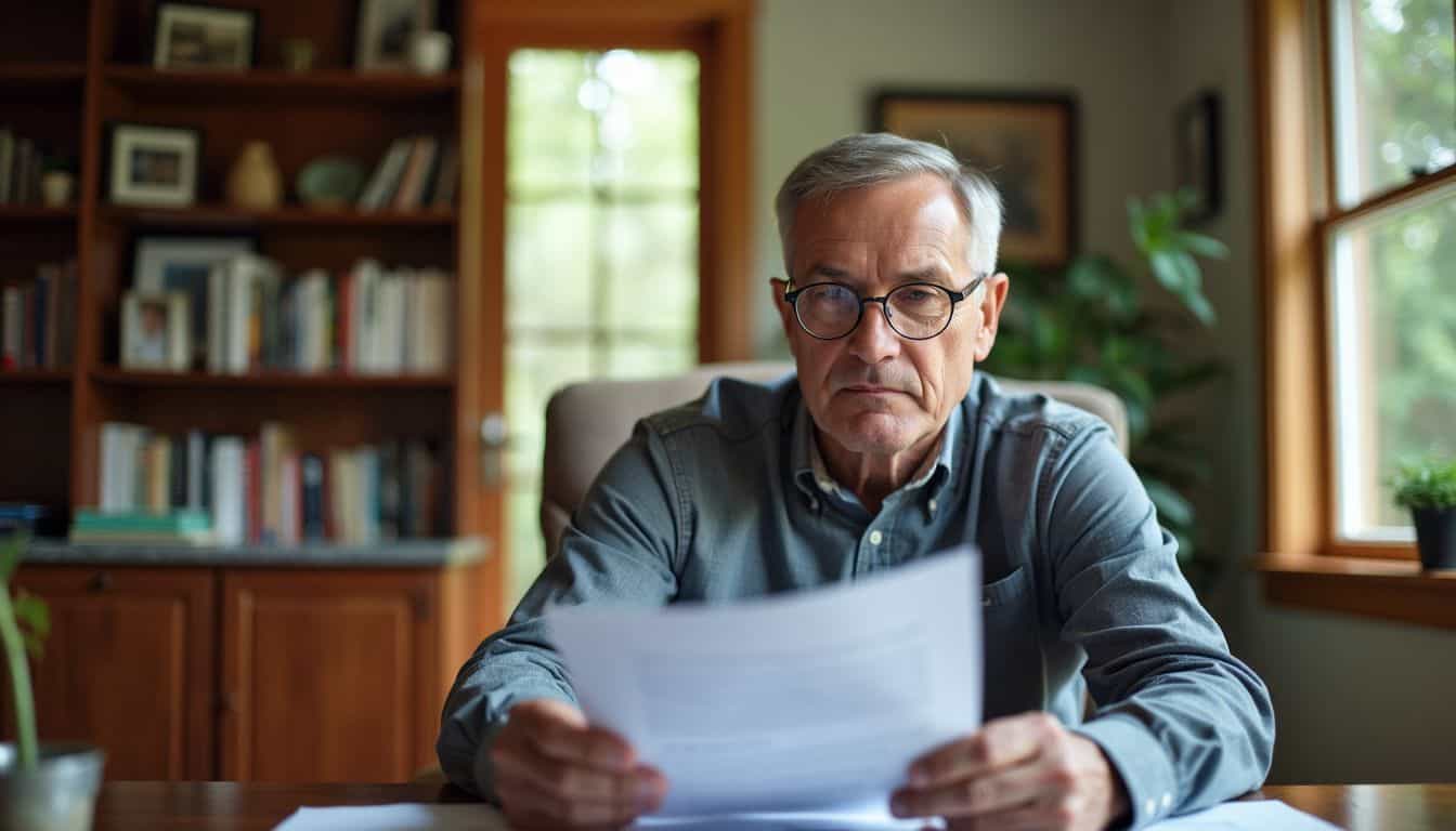 A man in a home office reviews legal documents related to a living trust.