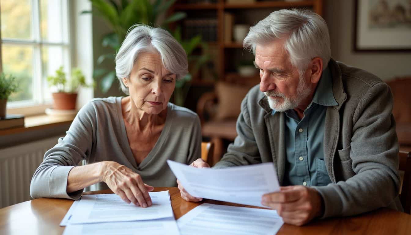 An elderly couple reviews legal documents in their cozy living room, emphasizing the importance of estate planning.