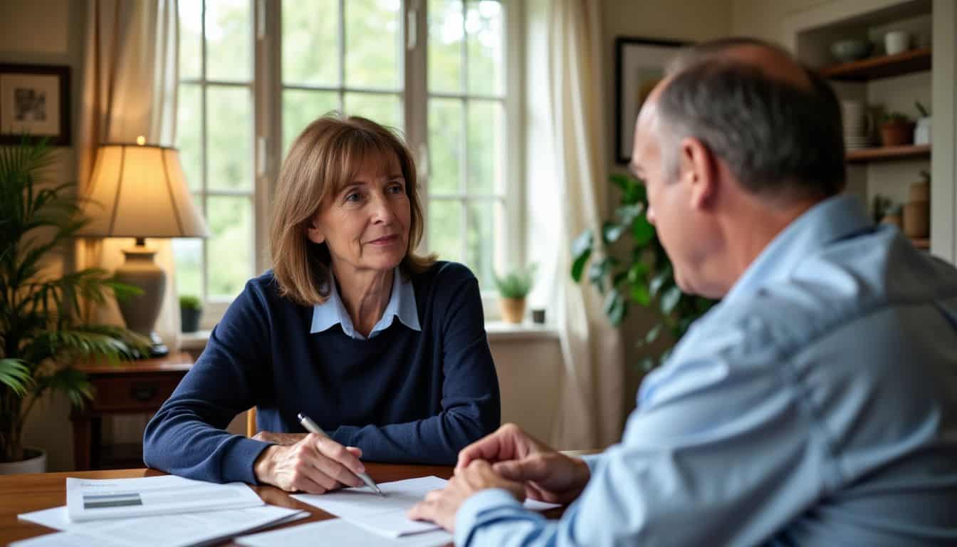 A middle-aged couple discusses estate tax planning strategies in their home office.