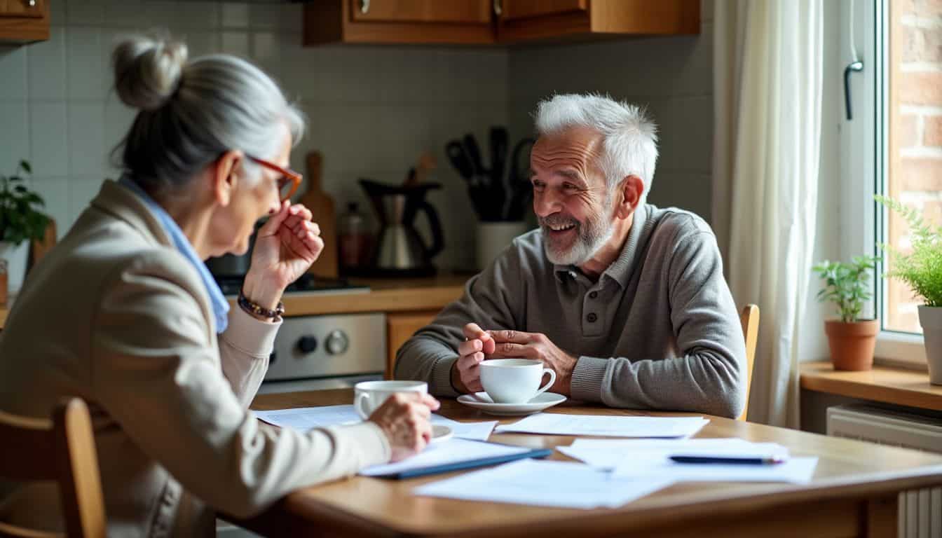 An elderly couple sits at a kitchen table discussing estate planning over tea.