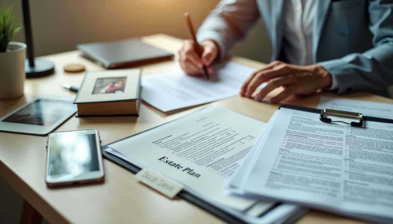 The image shows a tidy desk with legal documents and an 'Estate Plan' folder.