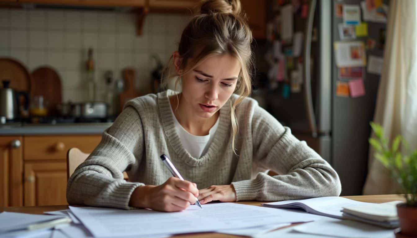 A young mother sits at a cluttered kitchen table, filling out legal documents to appoint a guardian and establish trusts for her children.