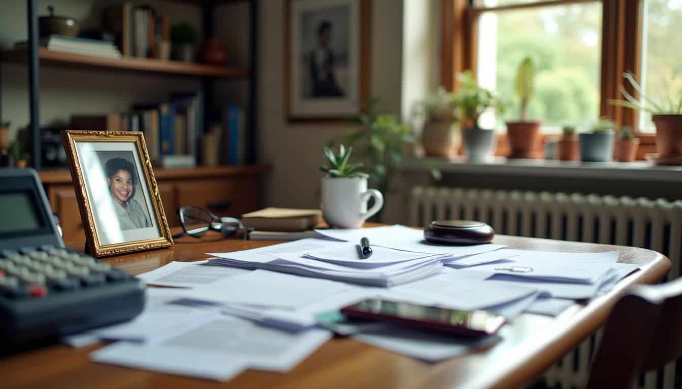 A cluttered home office desk with scattered documents, a family photo, and a calculator.