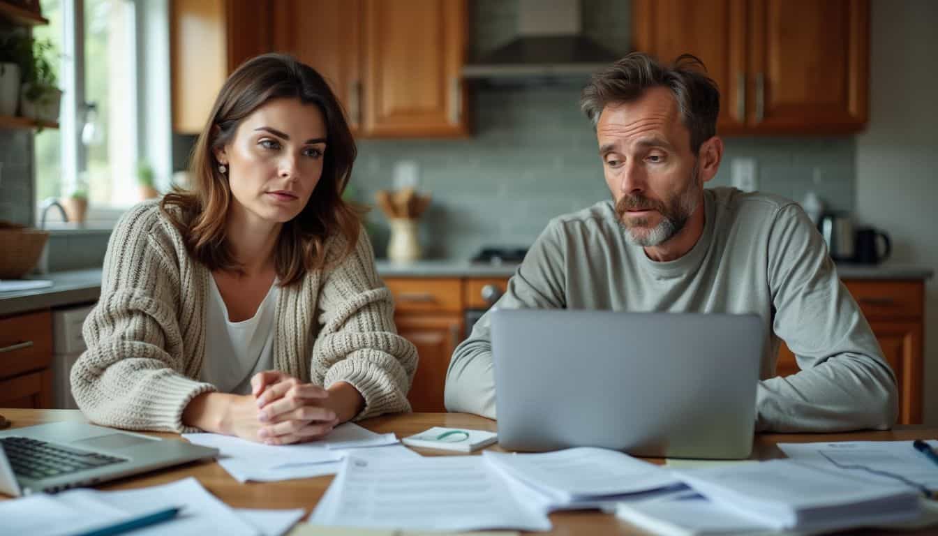 A couple in their 40s sits at a cluttered kitchen table, surrounded by paperwork, laptops, and legal documents, ready to begin their estate planning process.