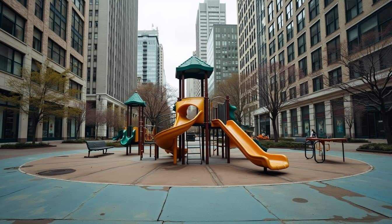 A neglected urban playground surrounded by skyscrapers in a bustling city.