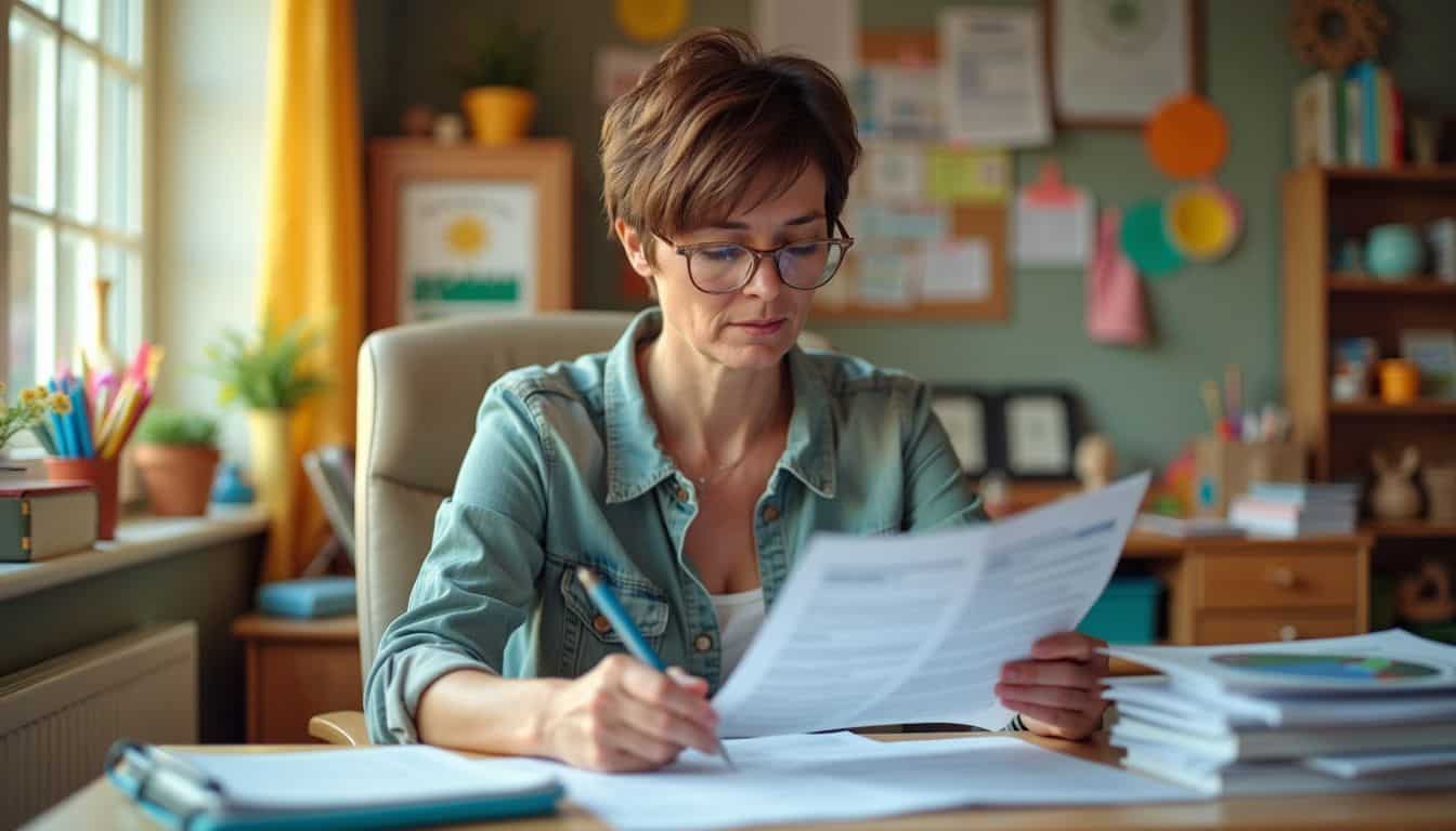 A daycare center manager reviews financial documents in cozy office.